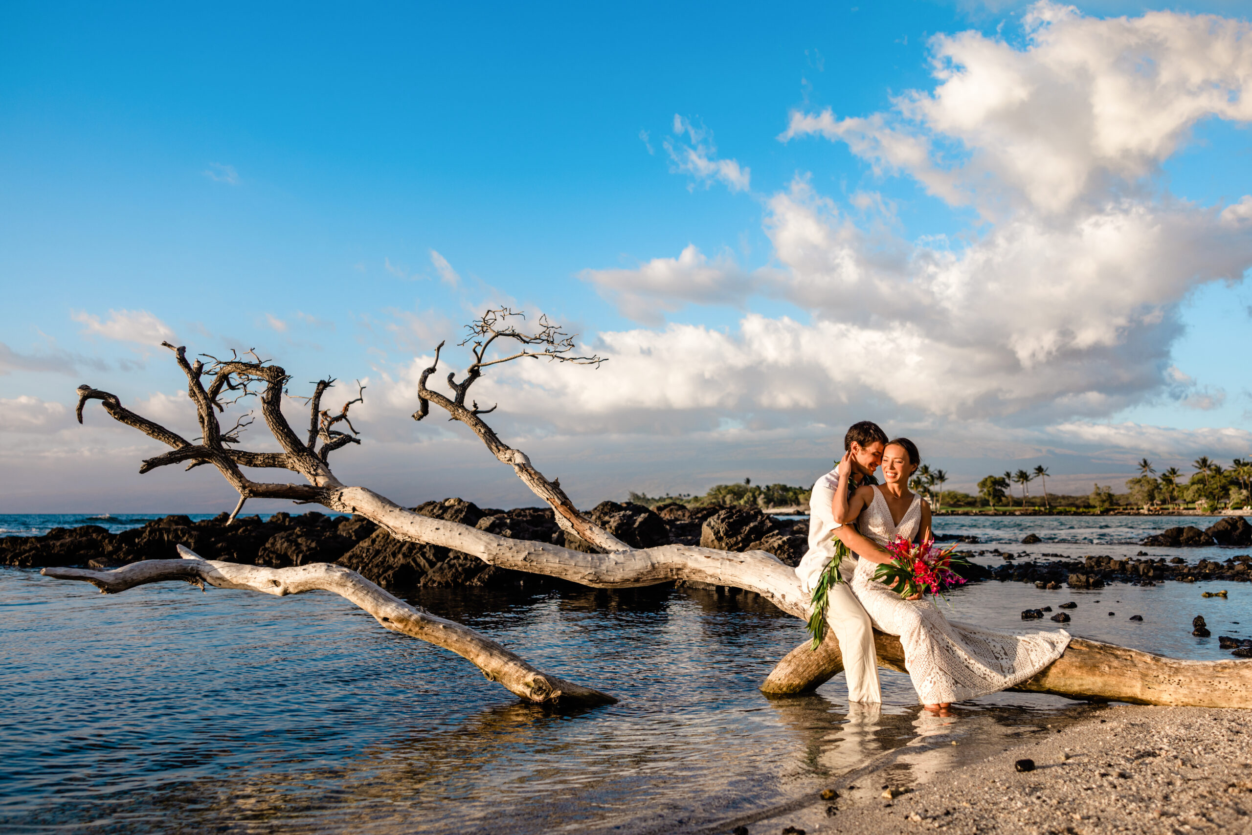 Couple on driftwood after their Big Island elopement